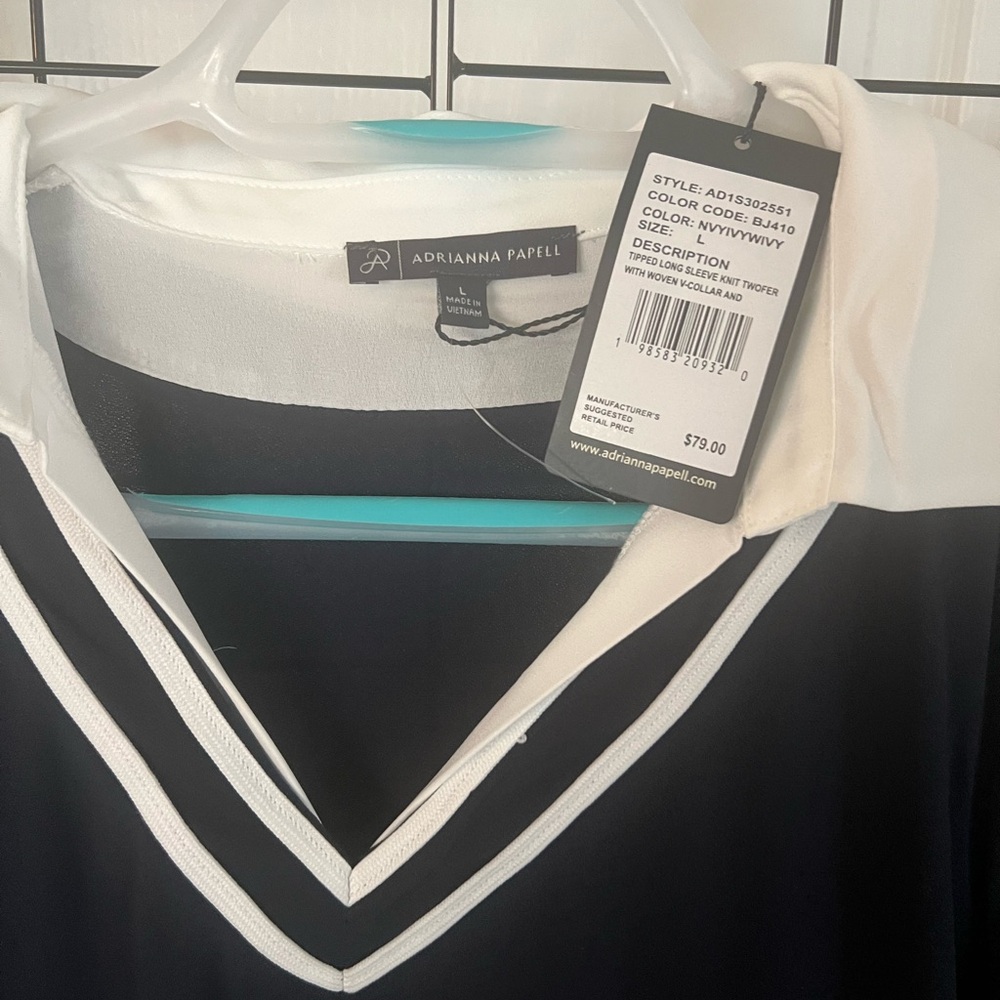 Adrianna Papell Navy and White Layered V-Neck Blouse - Picture 6 of 6
